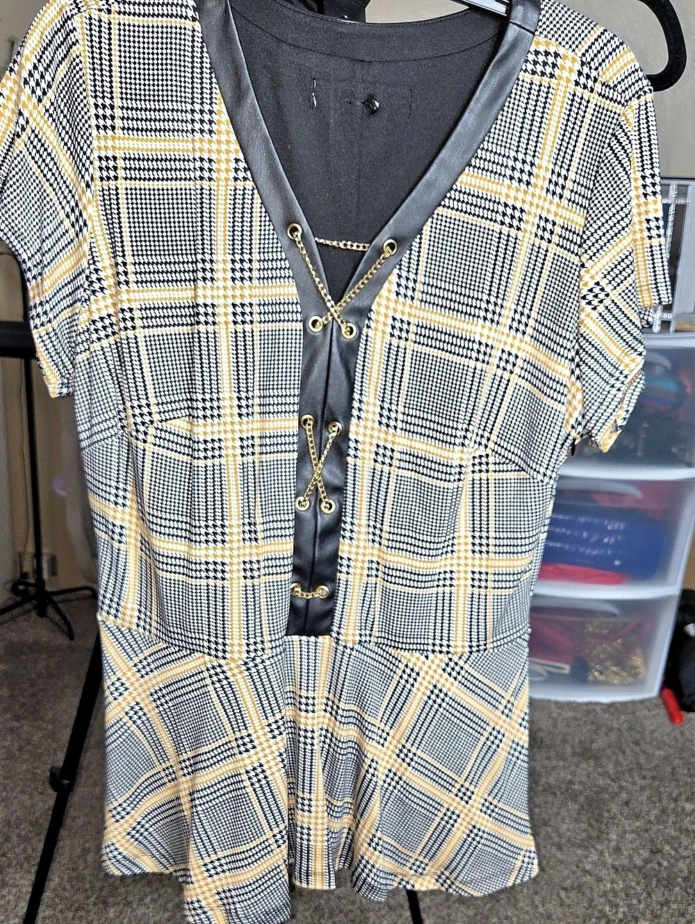 Plaid Chain-Laced Peplum Top in Black & Yellow
